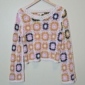 Crochet Granny Square Open Knit Sweater Long Sleeve Boho Festival Size M